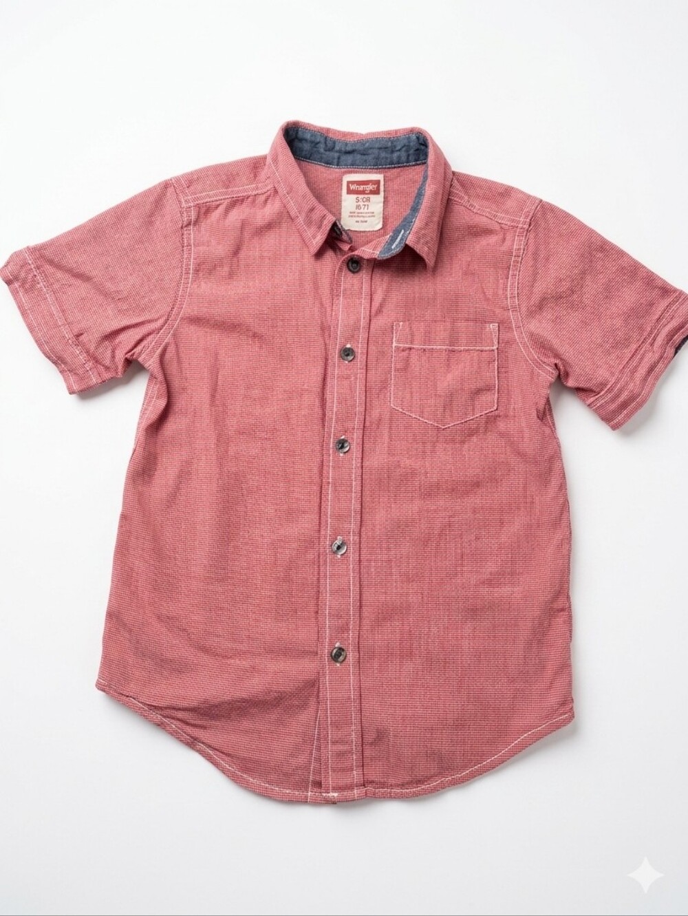 Wrangler Boys' Short Sleeve Button-Up Shirt - Red Checkered. Size 6/7